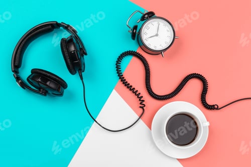Preview: Headphones with cord on a bright color block background