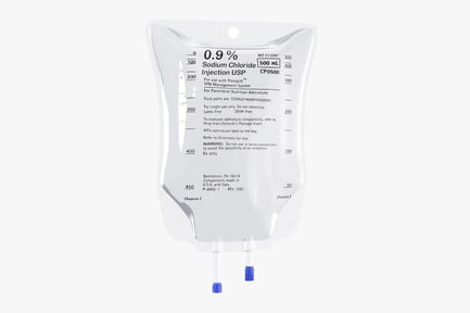 Preview: Clear Plastic Intravenous Fluid Bag with Label and Blue Caps