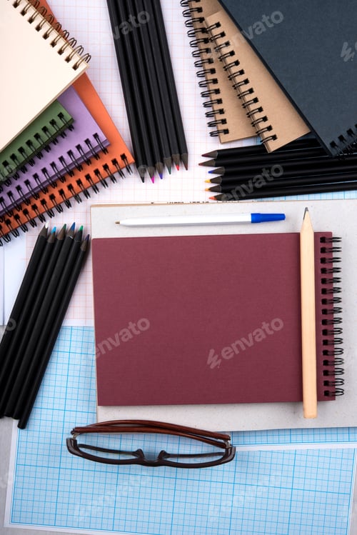 Preview: ↟ School stationery, flat lay with space for text. Back to school. Assortment of office supplies