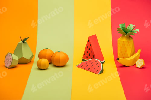 Preview: various handmade origami fruits on stripes of colorful paper