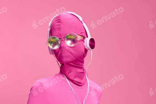 Preview: Portrait of a man wearing a pink full-face incognito mask with headphones and shiny round sunglasses