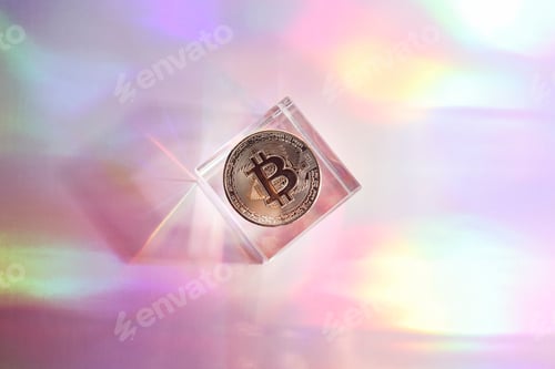Preview: Golden bitcoin coin on holographic, abstract, neon background. digital currency, business style.