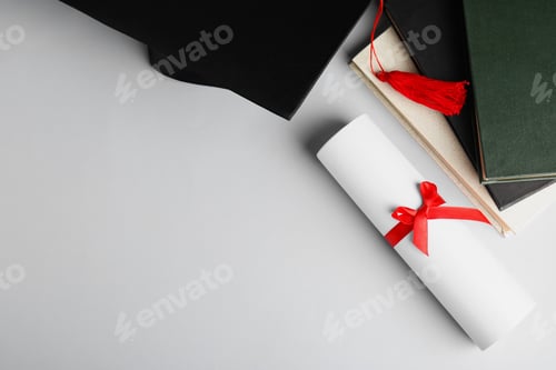 Preview: Graduation hat, books and student's diploma white background, top view. Space for text