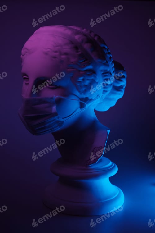 Preview: Dark and conceptual image of a female bust in greek style with mask