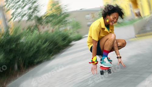 Preview: African American woman with vitiligo delighted with skateboarding on modern city street. Blurred