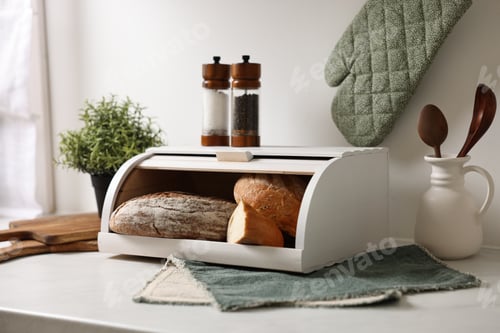 Preview: Wooden bread basket with freshly baked loaves on white marble table in kitchen
