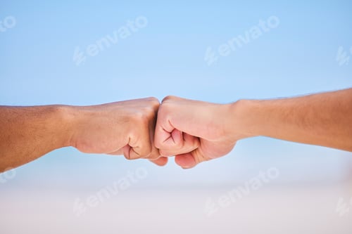 Preview: Closeup, people and hands with fist bump, teamwork and partnership with cooperation, emoji and trus