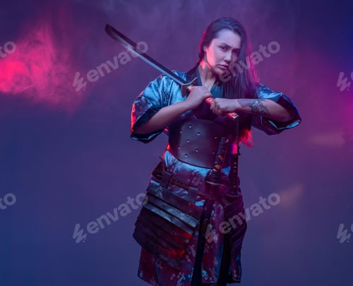 Preview: Oriental woman warrior in cyberpunk style with sword
