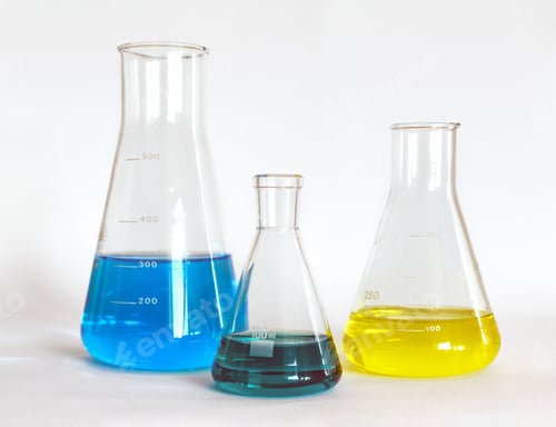 Preview: Chemical flasks on white backdrop, liquid, fluid, beaker, colorful, chemistry, science.