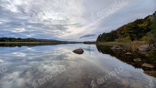 Preview: Beautiful lakeside landscape scenery with mirror reflection in Ross lake at Rosccahill, Galway, Irel