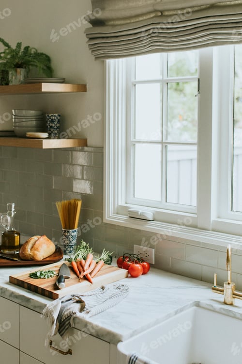Fresh Produce on a Marble Kitchen Countertop