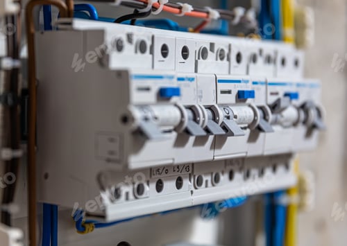 Preview: Switchboard with many switches and fiber optic cables.