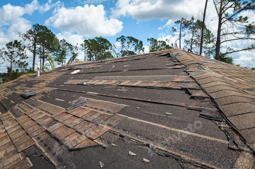 Preview: Damaged house roof with missing shingles after hurricane Ian in Florida.