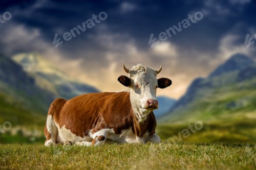 Preview: Brown cow grazing on pasture in summer on mountain background