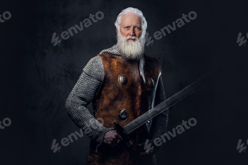 Preview: Senior knight with sword posing against dark background