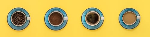 Preview: Coffee beans, ground coffee, espresso and coffee with milk in blue cups with saucers on yellow