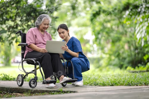 Preview: Caregiver and Senior Woman Enjoying Laptop in Park