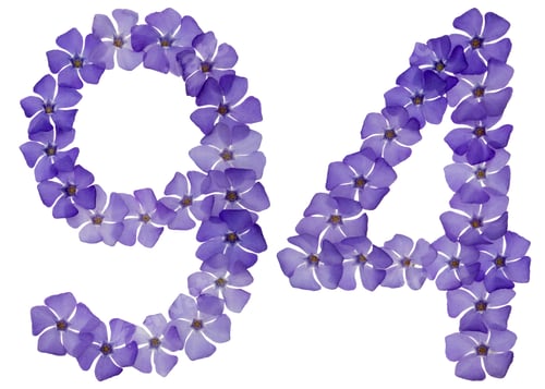 Preview: Numeral 94, ninety four, from natural blue flowers of periwinkle, isolated on white background