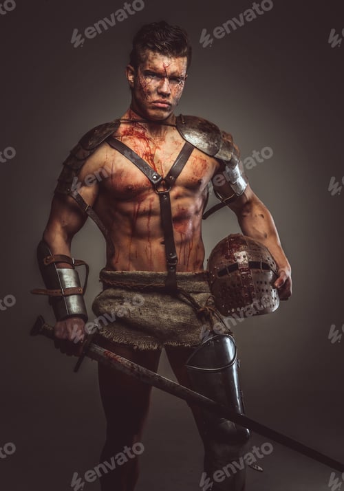 Preview: Muscular bloody gladiator with sword and helmet.