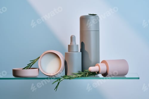 Preview: A composition of cosmetic care products on a glass shelf.