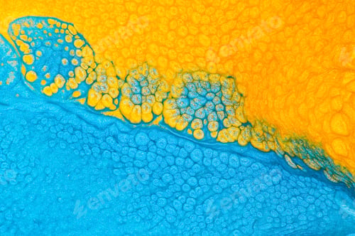 Preview: Abstract painted background. Yellow and blue bubbling paints flow diagonally.