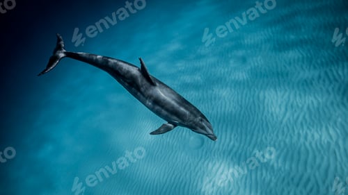 Preview: Underwater view of bottlenose dolphin swimming in blue sea, Bahamas