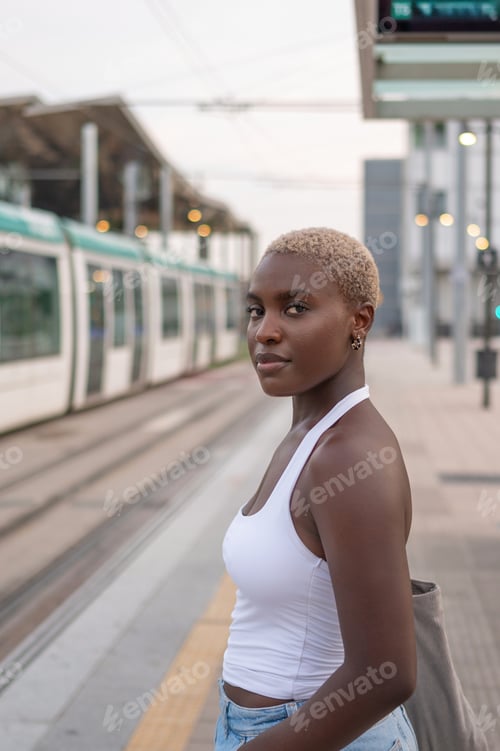 Preview: Young black woman waiting at tram or train station