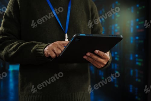 Vista previa: Person in dark sweater using a tablet with stylus, wearing blue lanyard badge, standing