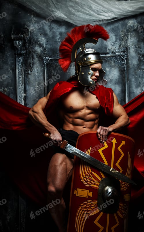 Preview: Muscular warrior holds shield and sword
