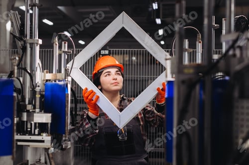 Preview: Female worker examining aluminum window frame in factory
