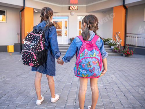 Preview: Little students go to school holding hands, back view.