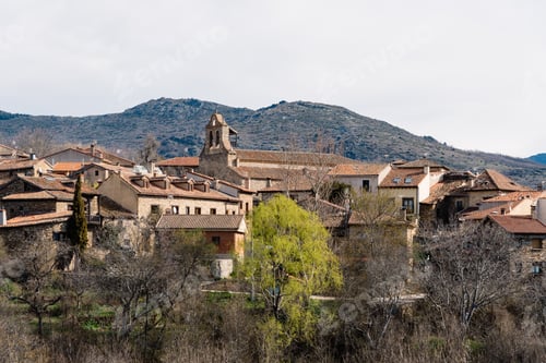 Preview: Scenic panoramic view of the the village of Horcajuelo de la Sierra during springtime
