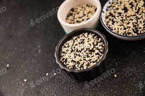 Preview: Sesame spice mix white and black tasty fresh gourmet food background on table rustic food top view