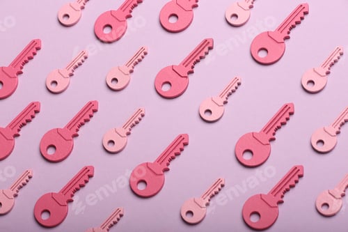 Preview: check-lock and different keys on a coloured background, the concept of protection