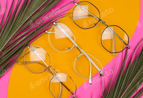 Preview: Stylish glasses on a colored background with palm leaves. Set of eyeglasses, selective focus