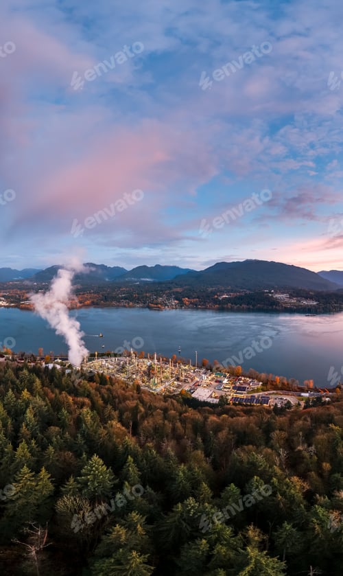 Preview: Industrial Plant By Forested Hills And Water At Sunset In Burnaby, Greater Vancouver, BC