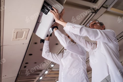 Preview: Man and Woman Storing Suitcase in Overhead Compartment on Airplane
