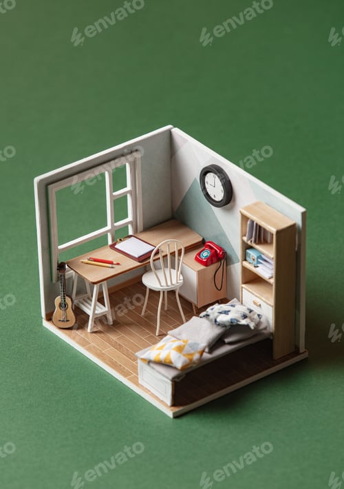 Preview: photo of a room assembled from small parts on a green background