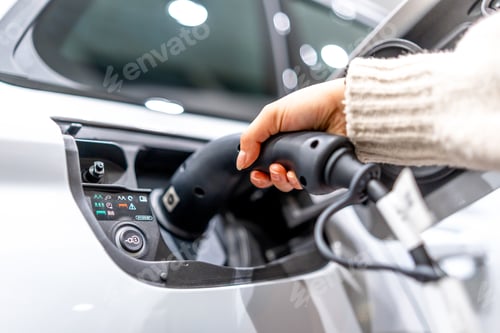 Preview: Customer plugging charging cable into electric car at dealership