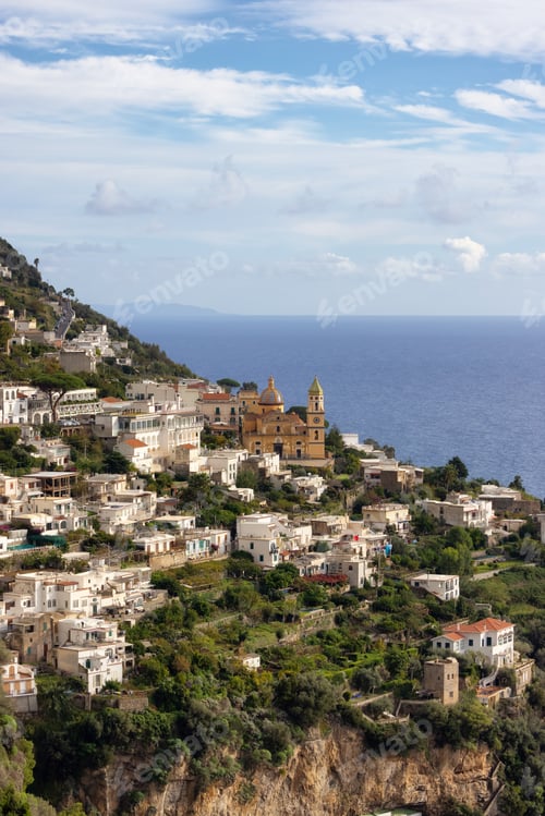 Preview: Touristic Town, Vettica Maggiore, on Cliffs and Mountain Landscape by the Sea. Amalfi Coast, Italy