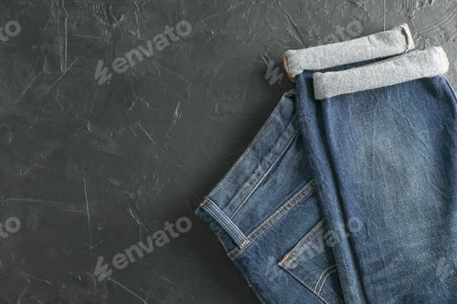 Preview: Folded jeans on black background, space for text