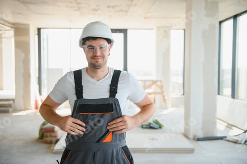 Preview: Young man builder wearing hardhat at construction site