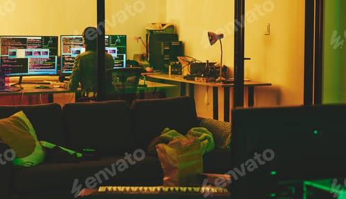 Preview: Developer, back or computer screen in neon programming, cybersecurity ransomware or SEO night phish