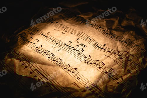 Visualização: Partituras antigas iluminadas por luz quente