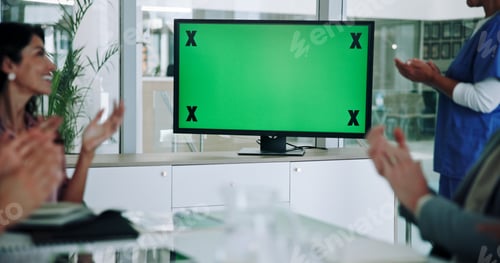 Preview: Doctor, team and monitor with green screen or applause for webinar, online presentation or virtual
