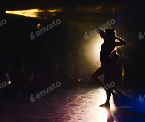 Preview: silhouette of a woman dancing between lights and smoke