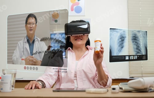 Preview: asian woman telemedicine doctor online visit with virtual reality technology vr glasses at home