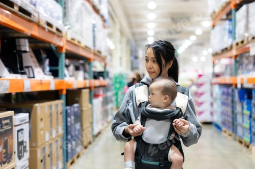 Preview: Mother shopping with baby in supermarket aisle