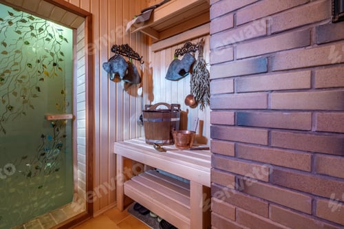 Preview: standard design classic wooden russian bath sauna interior with hot stones