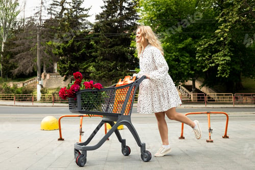 Preview: A beautiful girl with a cart with flowers on the street.